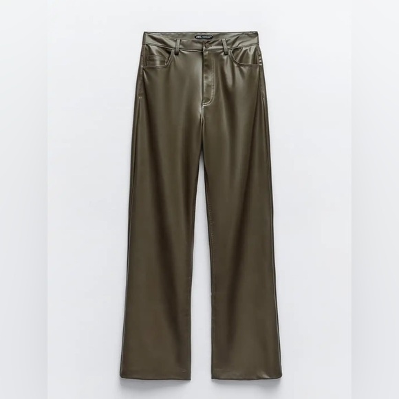 Zara High Waist Khaki Green Faux Leather Straight Wide Leg Trousers  size L , - Picture 2 of 6